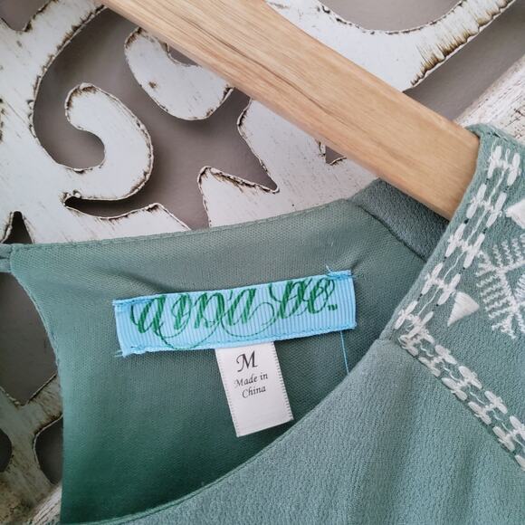 Francesca's Women's Cap Sleeve High Low Embroidered Shift Mini Dress Sage Green - Picture 7 of 9